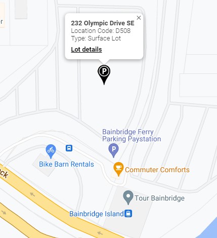 Map of Bainbridge Island ferry parking lot #D508 operated by Diamond Parking Services